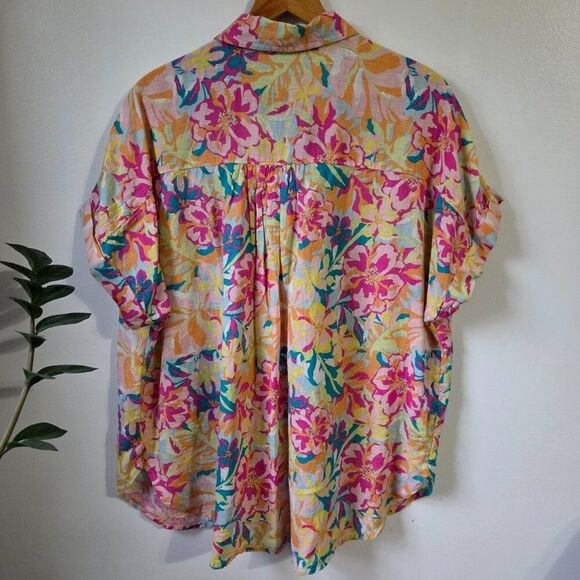 EUC LIKE NEW TIME AND TRU FLORAL LINEN BLEND BUTTON DOWN CAP SLEEVES SHIRT XL - Picture 4 of 16